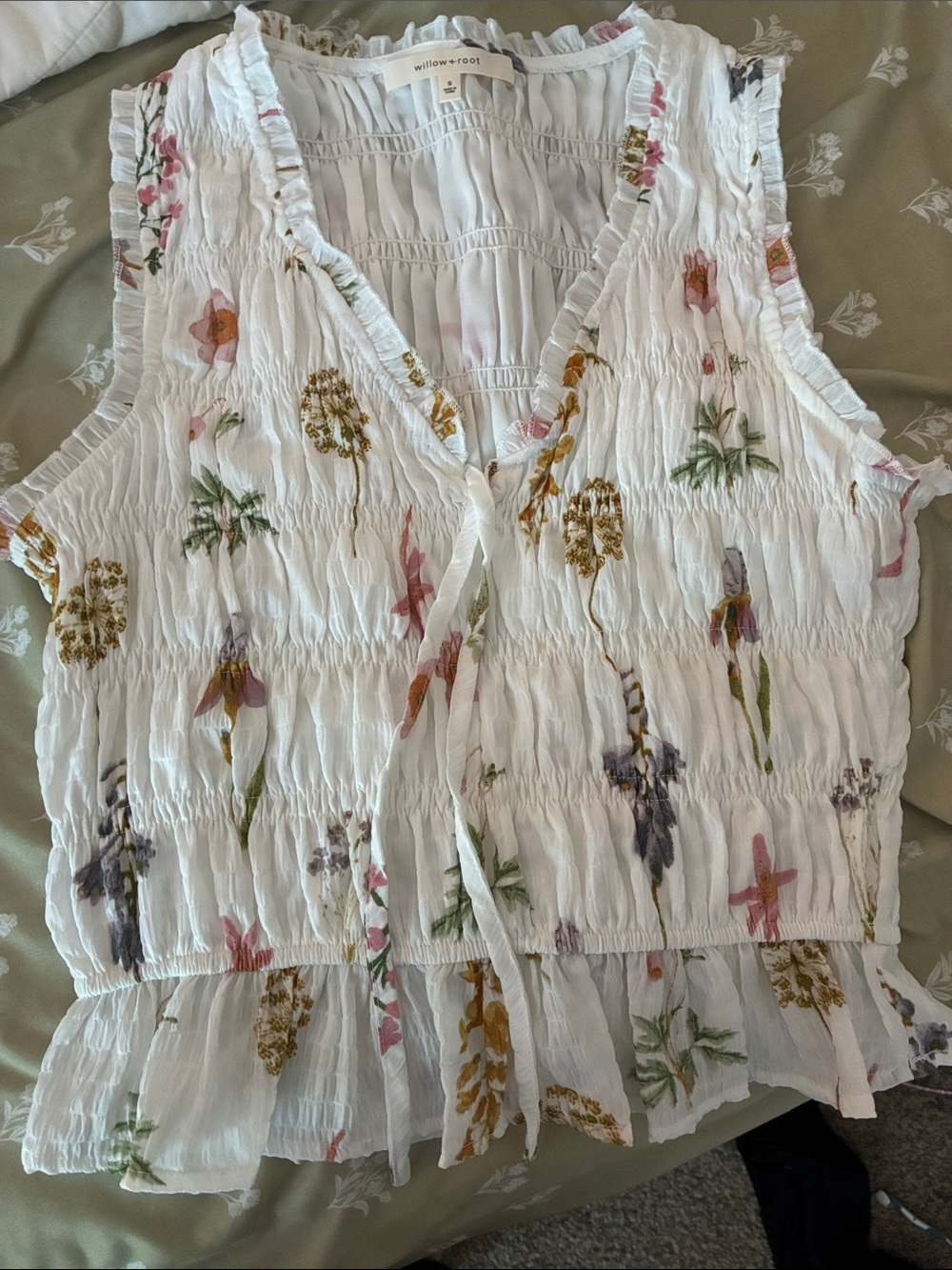 Willow White Floral Smocked V-Neck Tie Camisole